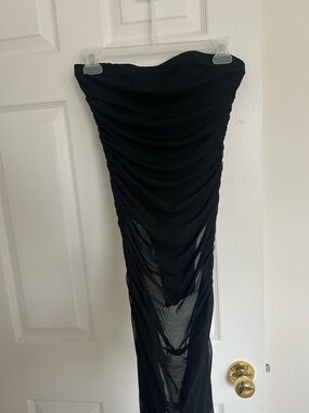 SHEIN Black Strapless Ruched Mesh Midi Dress